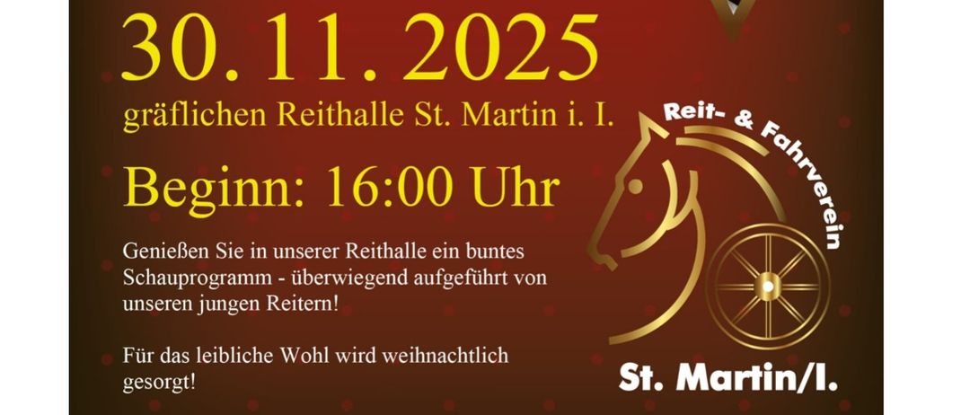 Plakat für den jährlichen St. Martin Weihnachtsreiten. Zeigt ein Pferd, Weihnachtsdekorationen und einen festlichen roten Hintergrund. Der Veranstaltungstermin ist der 30. November 2025 und die Fahrt beginnt um 16:00 Uhr. Es verspricht ein wunderbares Erlebnis für Reiter.