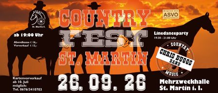 Plakat für ein Country-Fest in St. Martin am 26. September mit Silhouetten von Menschen auf Pferden vor einem Sonnenuntergangshintergrund.