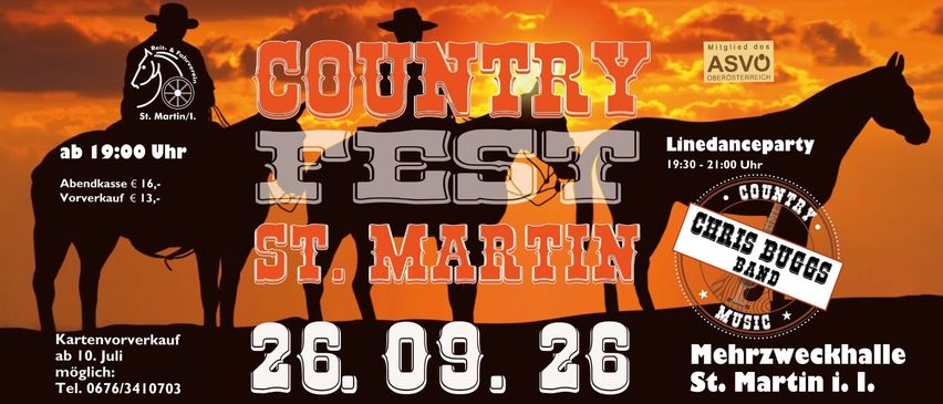 Plakat für ein Country-Fest in St. Martin am 26. September mit Silhouetten von Menschen auf Pferden vor einem Sonnenuntergangshintergrund.