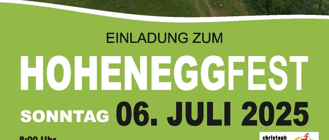 Plakat für das Hoheneggfest am 6. Juli 2025. Es zeigt eine Kirche mit einem Prozessionsweg, Zeitplan für 8:00 Uhr und 9:00 Uhr, und erwähnt den Veranstaltungsort und Details.