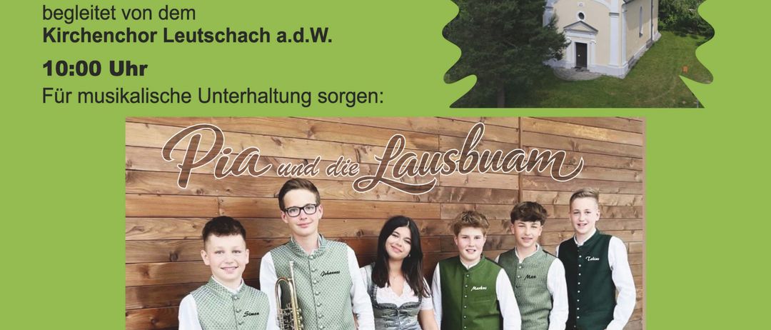 Plakat für eine Kirchenveranstaltung am 5. Juli 2026. Beinhaltet eine Prozession, eine heilige Messe und musikalische Unterhaltung von Pia und den Lauschbuam. Die Veranstaltung findet in Hohenegg statt.