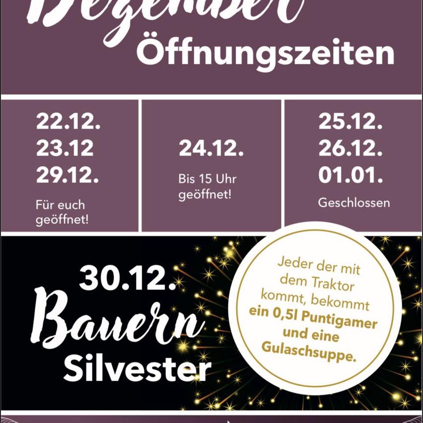 Eine Werbung für das bayerische Silvester-Event. Es enthält Öffnungszeiten und ein spezielles Angebot für jeden Besucher.