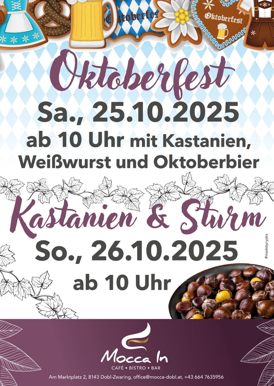Eine Werbung für Oktoberfest am 25.10.2025, Beginn um 10 Uhr mit Kastanien, Würsten und Bier. Eine weitere Veranstaltung am 26.10.2025, ebenfalls Beginn um 10 Uhr, mit Kastanien.