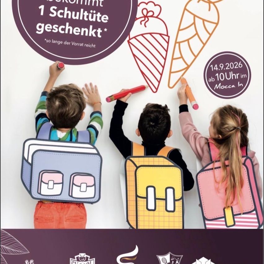 Three children drawing on a whiteboard with backpacks. The boy on the left has a backpack on his back, the boy in the middle has a yellow and black backpack, and the girl on the right has a pink backpack. The text on the whiteboard reads '1 Schultüte Geschenkt'.