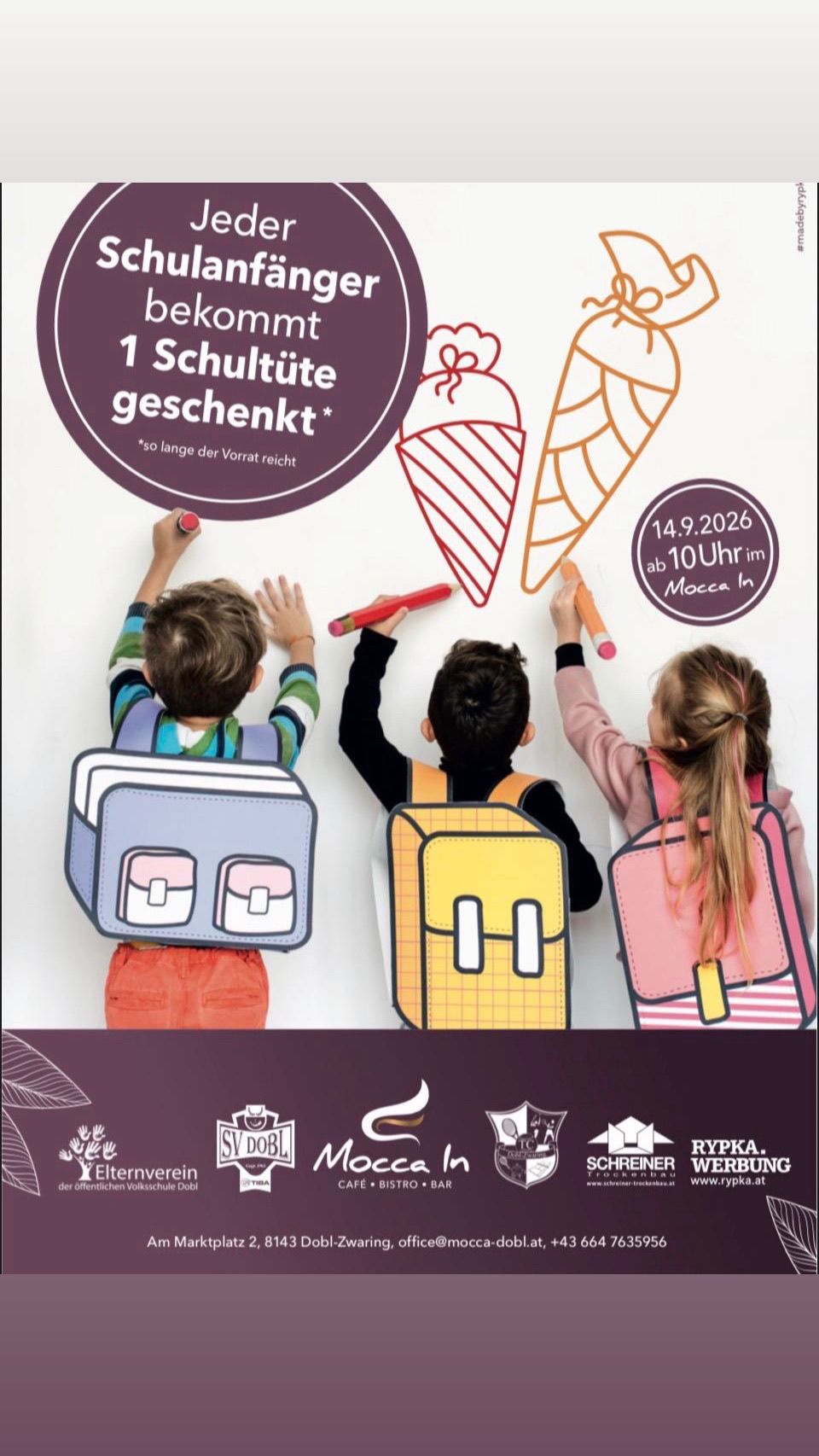 Three children with backpacks are drawing on a wall. The wall has drawings of ice cream and text. The children are holding pencils and appear to be engaged in an art activity.