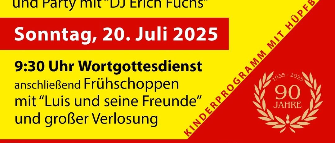 Plakat mit Veranstaltungen für den 19. und 20. Juli 2025. Samstag beinhaltet einen Wettbewerb um 13:00 Uhr, gefolgt von Geselligkeit, Spa und einer Party mit DJ Erich Fuchs. Sonntag hat einen Gottesdienst um 9:30 Uhr, gefolgt von einem Frühstück mit Luis und Freunden und einem großen Verlust.
