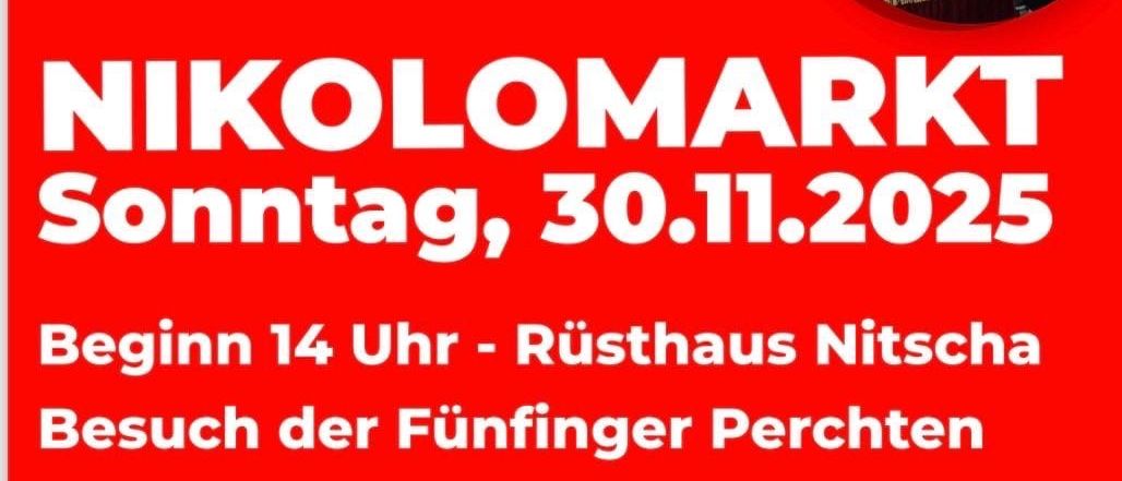 Plakat für Nikolomarkt am Sonntag, 30.11.2025, Beginn 14 Uhr. Weihnachtsmann und andere in Kostümen mit einem eingefügten Foto eines Kindes mit einer Weihnachtsfigur.