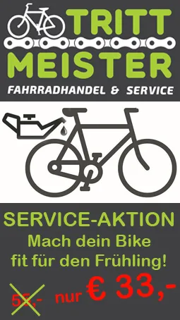 Ein Werbeplakat für Tritt Meister Fahrradservice, das ein Fahrrad, einen Schraubenschlüssel und Text zeigt. Der Text lautet 'Service-Aktion Mach dein Bike fit für den Frühling!' und '5X nur 33,-'. Es bedeutet 'Service-Aktion, mach dein Fahrrad fit für den Frühling!' und '5 Mal nur 33,-'.