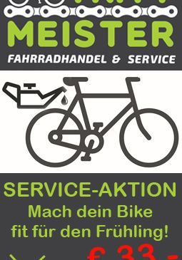 Ein Werbeplakat für Tritt Meister Fahrradservice, das ein Fahrrad, einen Schraubenschlüssel und Text zeigt. Der Text lautet 'Service-Aktion Mach dein Bike fit für den Frühling!' und '5X nur 33,-'. Es bedeutet 'Service-Aktion, mach dein Fahrrad fit für den Frühling!' und '5 Mal nur 33,-'.