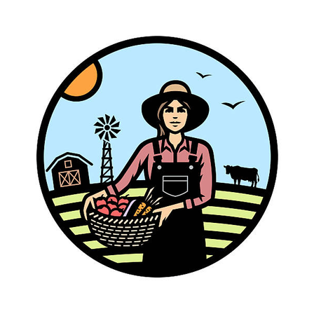 Eine Landwirtin hält einen Korb voller frischer Produkte auf einem Feld mit Scheune, Windmühle und Kuh.