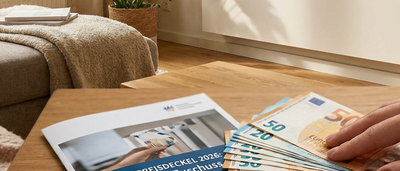 Eine Person hält Euro-Banknoten und ein Broschüren mit dem Titel Warmepreisdeckle 2026 in einem gemütlichen Wohnzimmer.