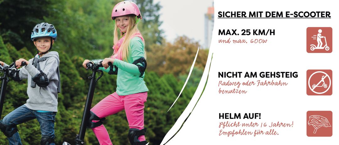 Ein Mädchen fährt einen Roller und trägt einen pinken Helm, ein grünes Langarmshirt, pinke Hose und Knieschützer. Der Roller ist schwarz. Rechts befinden sich Sicherheitsrichtlinien.