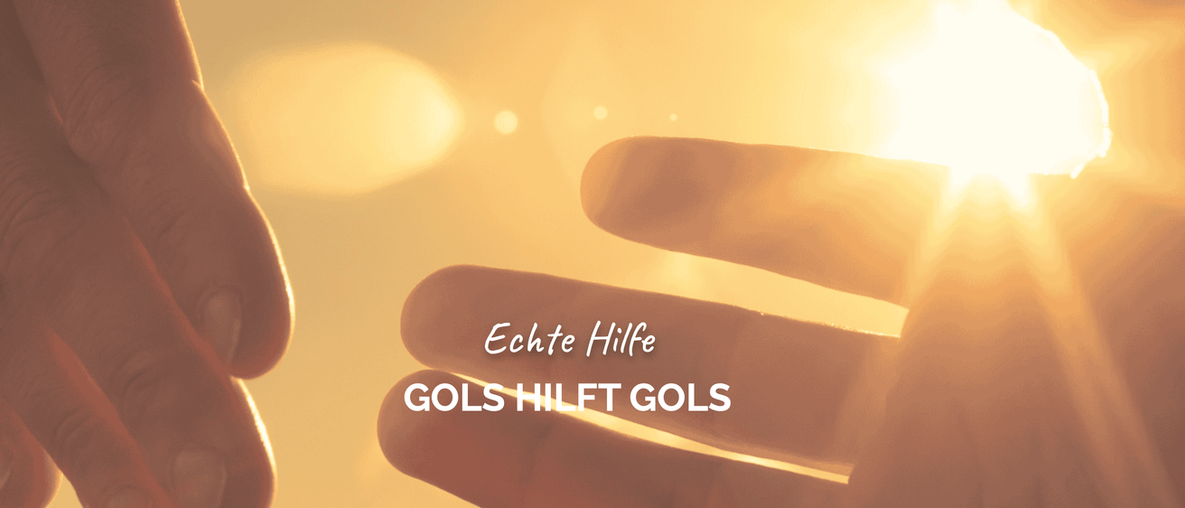 Eine Hand greift mit den Worten 'Echte Hilfe' oben und 'GOLS HILFT GOLS' unten auf einem gelben Hintergrund.
