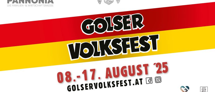 Plakat für das Golser Volksfest vom 8. bis 17. August. Mit roten, gelben und schwarzen Farben, deutschem Text und Logos für Facebook und Instagram.