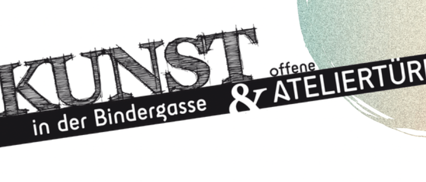 Plakat für offene Atelierzeiten. Der Text 'offene Ateliertür' ist zu sehen. Zeit ist 15:30. Bindergasse.