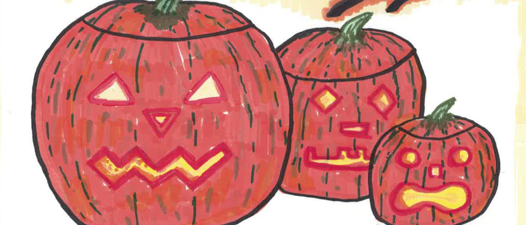 Plakat mit drei gezeichneten Kürbissen, Einladung zu einem Halloween-Event im Gemeindezentrum am 23. Oktober 2025.
