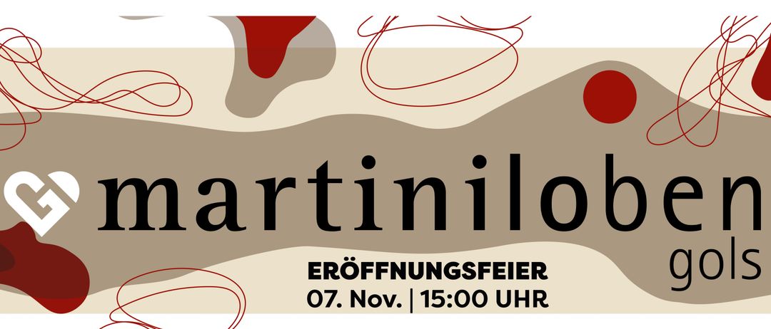 Ein Veranstaltungsposter für Martinilei mit einem roten Weinfleck, abstrakten Linien und dem Veranstaltungsdatum und -zeitpunkt.