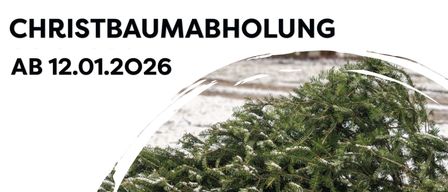 Ein Plakat kündigt die Christbaumsammlung ab dem 12.01.2026 an. Das Plakat zeigt einen umgefallenen Christbaum mit etwas Schnee, vor einem verschneiten Hintergrund. Es enthält Logos für 'Gols' und 'Echt Leben.'