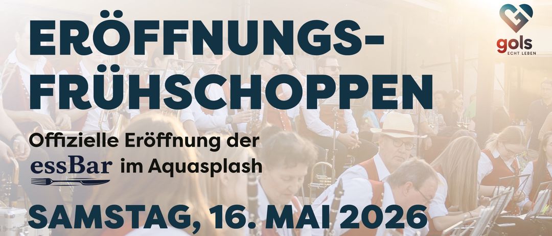 Die offizielle Eröffnung des essBar im Aquasplash findet am Samstag, 16. Mai 2026, statt. Um 10:00 Uhr gibt es eine offizielle Eröffnung durch Bürgermeister Kilian Brandstätter. Um 10:30 Uhr folgt ein Platzkonzert der Bauernkapelle Gols.