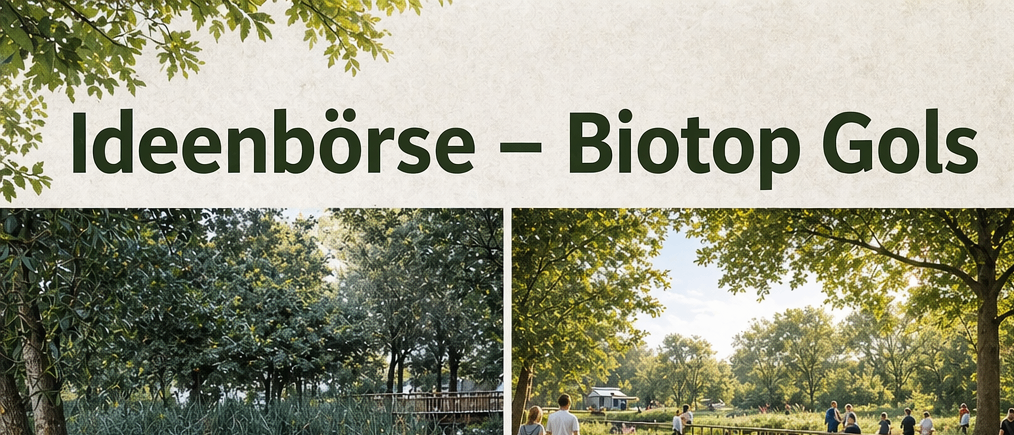 Plakat mit zwei Bildern. Ein Bild zeigt eine Familie auf einer Holzbrücke, das andere eine Gruppe auf einem Parkweg. Text: 'Dornröschenschlaf... oder neues Leben?' Datum: Dienstag, 26. Mai 2026. Zeit: 18:00. Veranstaltung: Sommerpicknick in Gols. Fragen zur Zukunft: Naturerhalt, Raum für alle Generationen, neue Nutzungen, gemeinsame Verantwortung. Biotop Gols soll aus seinem Dornröschenschlaf erweckt werden. Deine Ideen zählen!