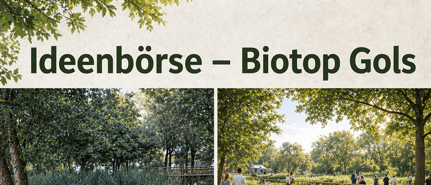 Plakat mit zwei Bildern. Ein Bild zeigt eine Familie auf einer Holzbrücke, das andere eine Gruppe auf einem Parkweg. Text: 'Dornröschenschlaf... oder neues Leben?' Datum: Dienstag, 26. Mai 2026. Zeit: 18:00. Veranstaltung: Sommerpicknick in Gols. Fragen zur Zukunft: Naturerhalt, Raum für alle Generationen, neue Nutzungen, gemeinsame Verantwortung. Biotop Gols soll aus seinem Dornröschenschlaf erweckt werden. Deine Ideen zählen!