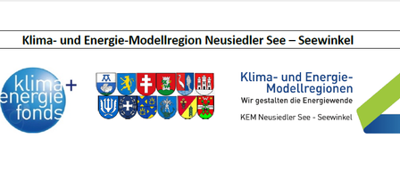 Ein Banner für die Klima- und Energie-Modellregion Neusiedler See - Seewinkel, mit Logos verschiedener Organisationen und einem grünen Pfeil nach rechts.