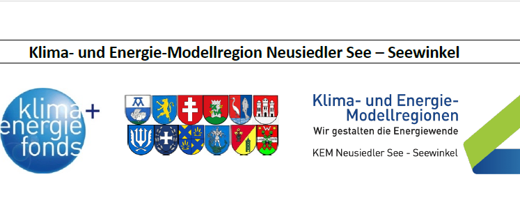 Ein Banner für die Klima- und Energie-Modellregion Neusiedler See - Seewinkel, mit Logos verschiedener Organisationen und einem grünen Pfeil nach rechts.