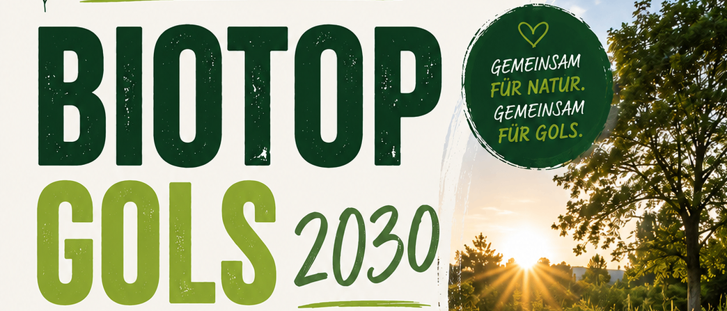 Plakat für die Biotop Gols 2030 Veranstaltung, zeigt einen Sonnenuntergang über einem Teich, mit Einladung an die Einwohner von Gols zur Teilnahme an einer Versammlung am 24.09.2026 um 18:00 Uhr.
