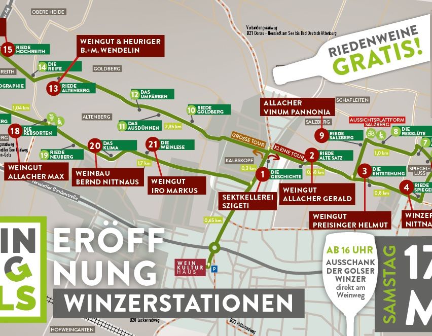 Das Bild ist eine Karte, die Weinrouten und Verkostungsstationen in Deutschland hervorhebt. Es enthält verschiedene Weinrouten mit Entfernungen, bemerkenswerte Weingüter und Weinverkostungsorte. Die Karte zeigt auch einen Zeitplan für Weinverkostungen an einem bestimmten Tag.