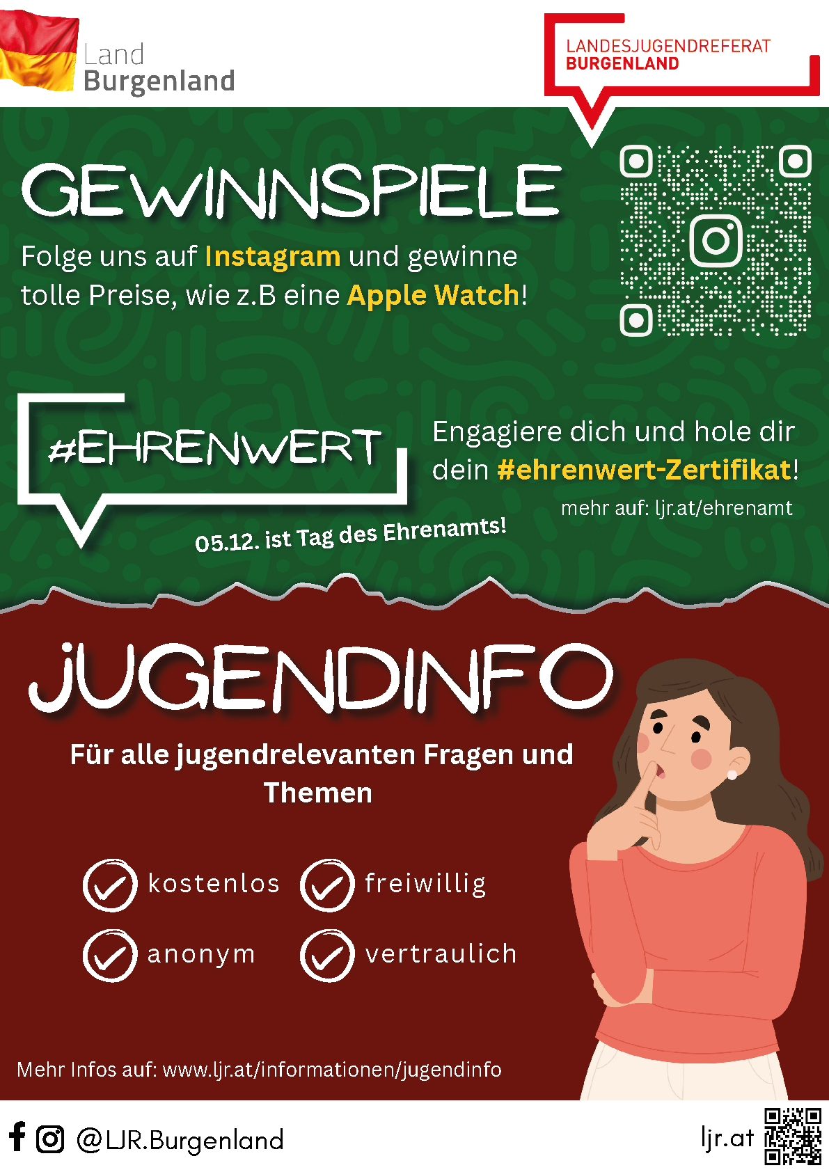 Eine Werbung für Jugendinfo, ein jugendorientierter Dienst, zeigt eine Frau und hebt Dienste wie kostenlose, freiwillige und vertrauliche Unterstützung hervor. Der Plakat werbt auch für ein Gewinnspiel auf Instagram mit Preisen wie einer Apple Watch.