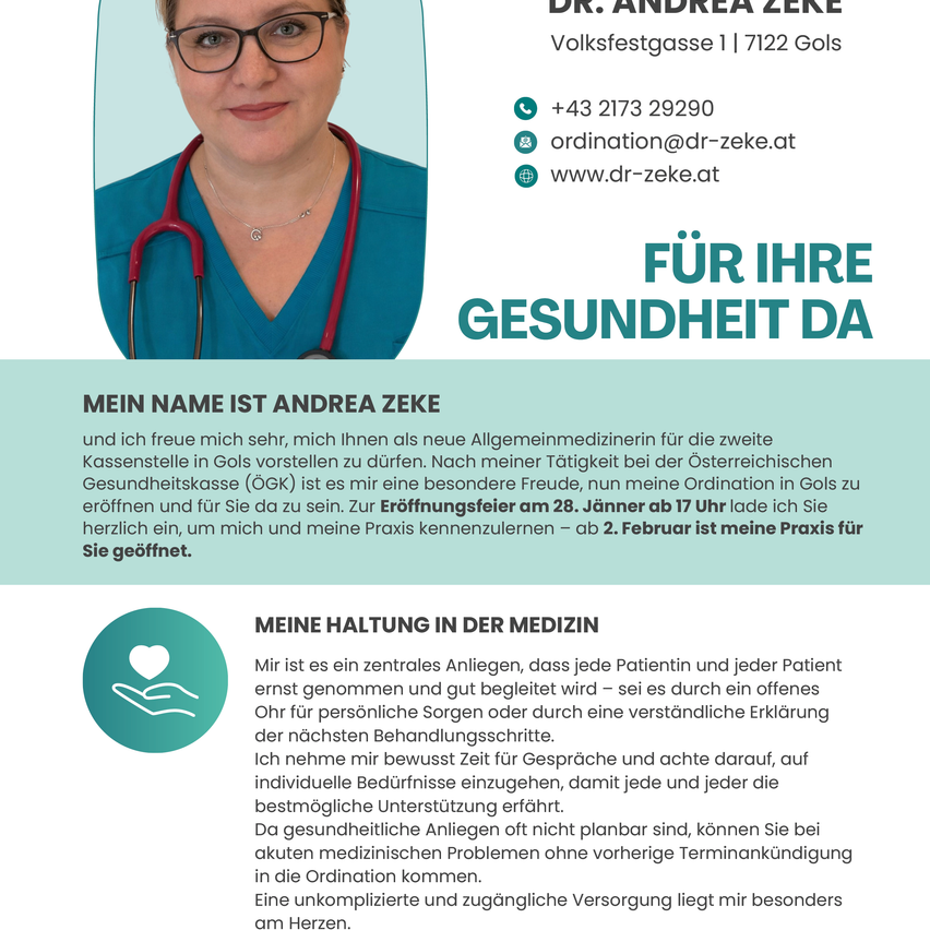 The image shows a female doctor, Dr. Andrea Zeke, with her contact details and a brief introduction about her medical practice. She emphasizes her commitment to patient care and availability for both regular and urgent medical needs.