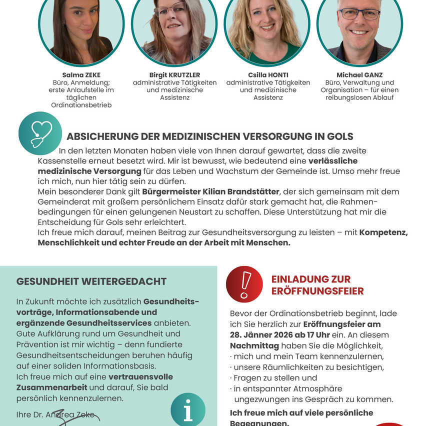 A medical team photo featuring four individuals with their names and roles: Salma Zeke, Secretary; Birgit Krutzler, Administrative Manager; Csilla Honti, Administrative Manager; Michael Ganz, Director. The text discusses ensuring medical supply in GOLS, emphasizing the importance of a reliable medical supply and the significant impact of community growth. It highlights the gratitude to Mayor Kilian Brandstätter for his support.