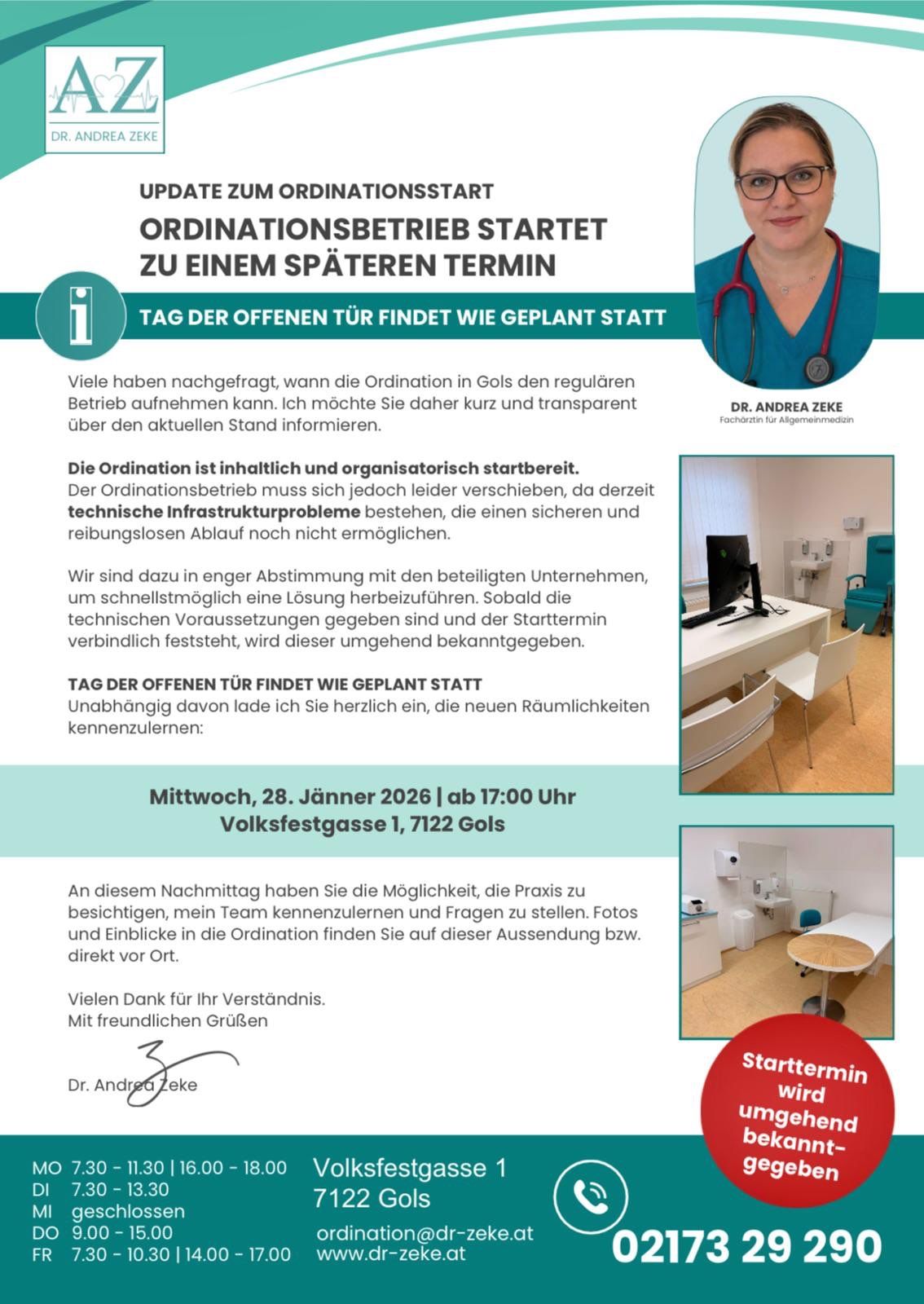 Das Bild zeigt ein Update zum Start des Praxisbetriebs in Gols. Es enthält Details zur betriebsbereitschaft der Praxis, technischen Infrastrukturproblemen und dem Datum und der Uhrzeit der offenen Tür. Das Bild zeigt eine Ärztin, Bürogeräte und eine Unterschrift.