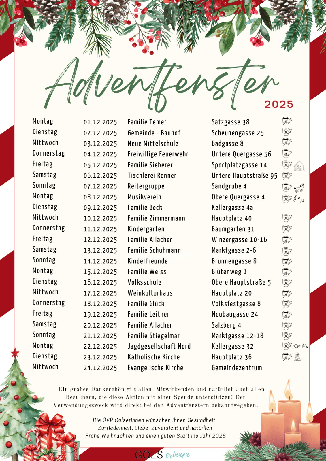 Das Bild zeigt einen Kalender für Adventsfenster im Jahr 2025, mit Daten, Orten und Beschreibungen für jeden Tag. Es beginnt am 1. Dezember 2025 mit einem Familienthema in der Satzgasse 38.