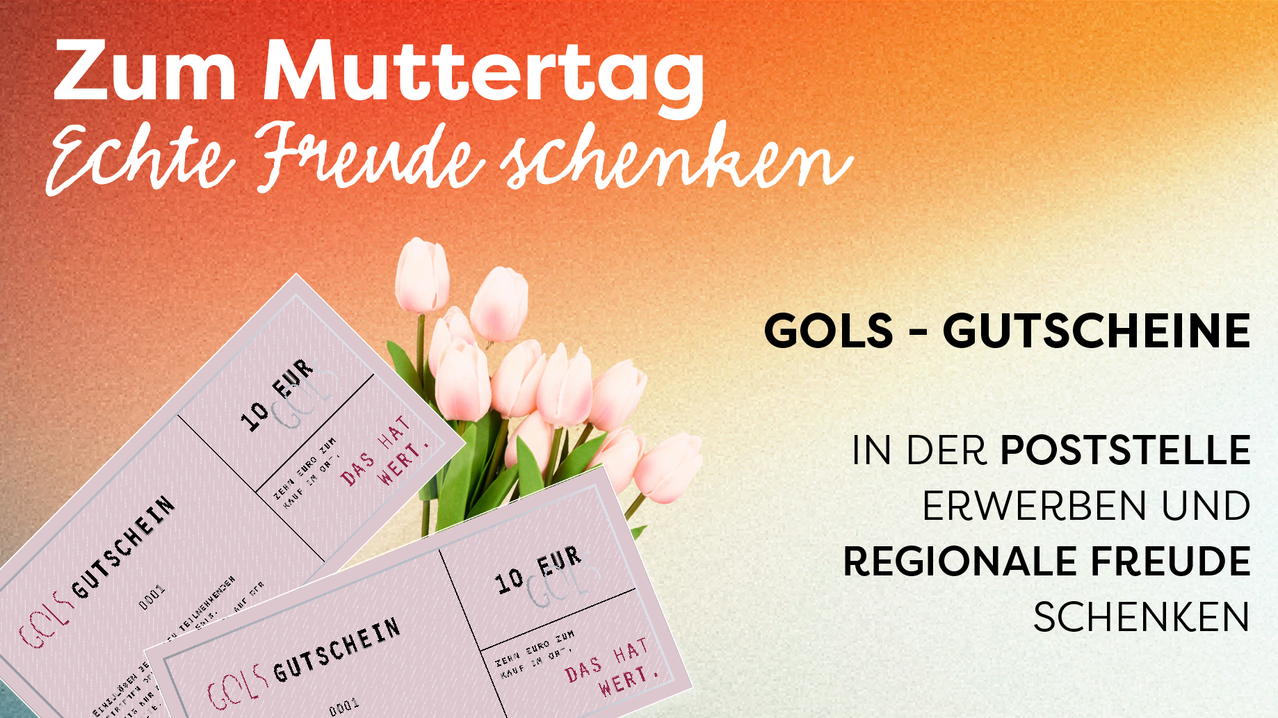 Ein Poster zum Muttertag mit rosa Tulpen. Es steht 'Muttertag - Freunde schenken'. Ein Geschenkgutschein mit einem Wert von 10 Euro ist abgebildet.