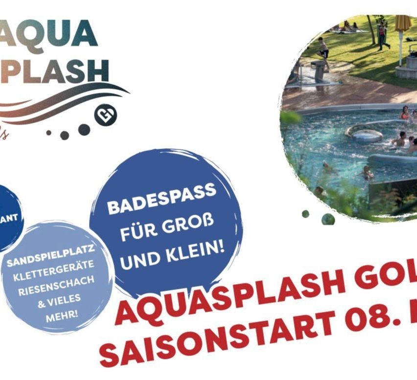 Aqua Splash Plakat mit Menschen, die in einem Pool schwimmen, bewirbt einen Saisonstart im August für einen Spielplatz und viele weitere Aktivitäten.