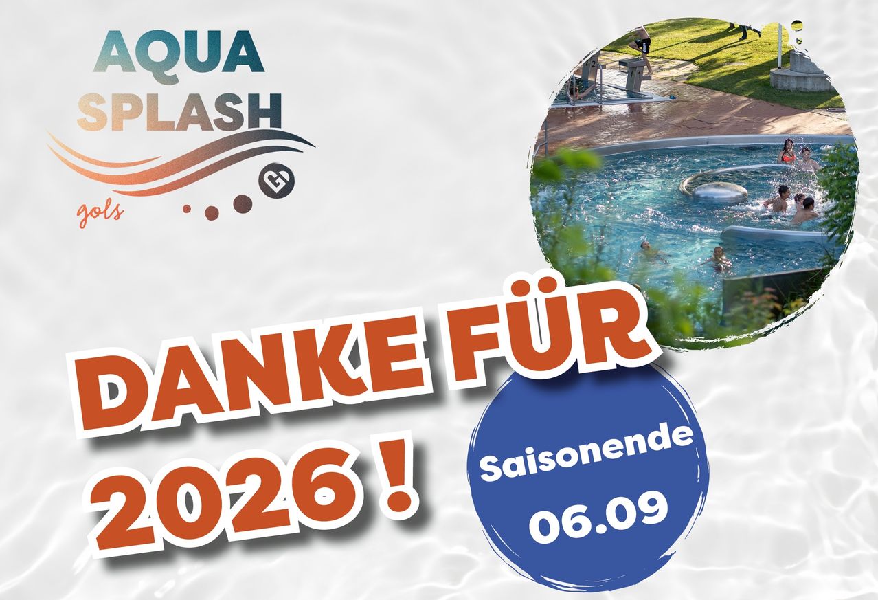Eine Werbung für Aqua Splash, die einen Swimmingpool mit schwimmenden Personen und dem Datum 06.09.2026 zeigt. Der Text 'DANKE FUR 2026!' ist prominent angezeigt.