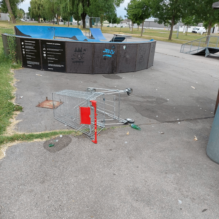 Ein umgekippter Einkaufswagen liegt neben einem mit Graffiti bedeckten Skatepark, mit einer Rampe und Bäumen im Hintergrund.