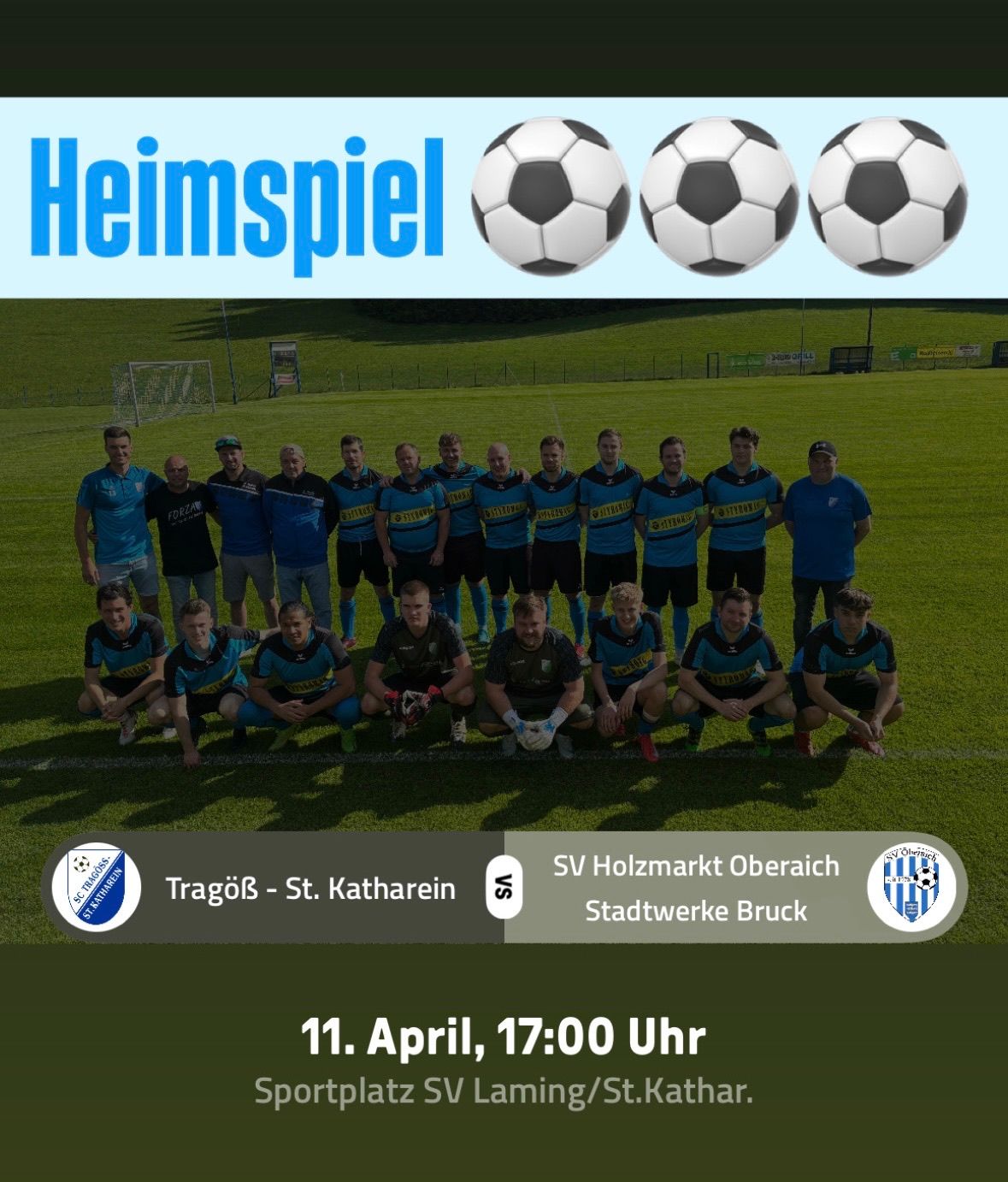 A soccer team photo on a green field. The team is wearing blue and black uniforms. Three soccer balls are in the top left corner. The date and time are displayed below the photo.