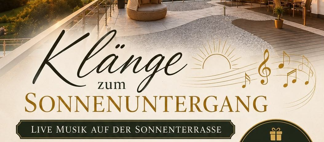Plakat für eine Sonnenuntergangs-Musikveranstaltung in einem Haus mit Terrasse, mit einem Liegestuhl, einem Haus und Blick auf einen Sonnenuntergang. Die Veranstaltung findet am 25. Juli ab 17 Uhr statt.