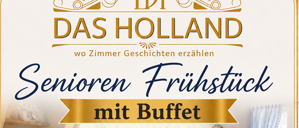Plakat für ein Seniorenfrühstücksbuffet mit einem Tisch voller verschiedener Speisen, einem Fenster mit blauen Vorhängen und einem Regal mit Teekannen. Das Plakat enthält Datum und Uhrzeit für die Veranstaltung.
