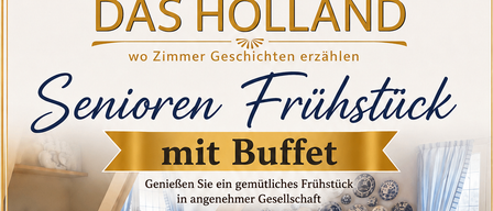 Werbeplakat für ein Seniorenfrühstücksbuffet, das einen Tisch mit verschiedenen Speisen, einer Blumenvase und einem Teekessel zeigt. Datum und Uhrzeit sind unten angegeben.