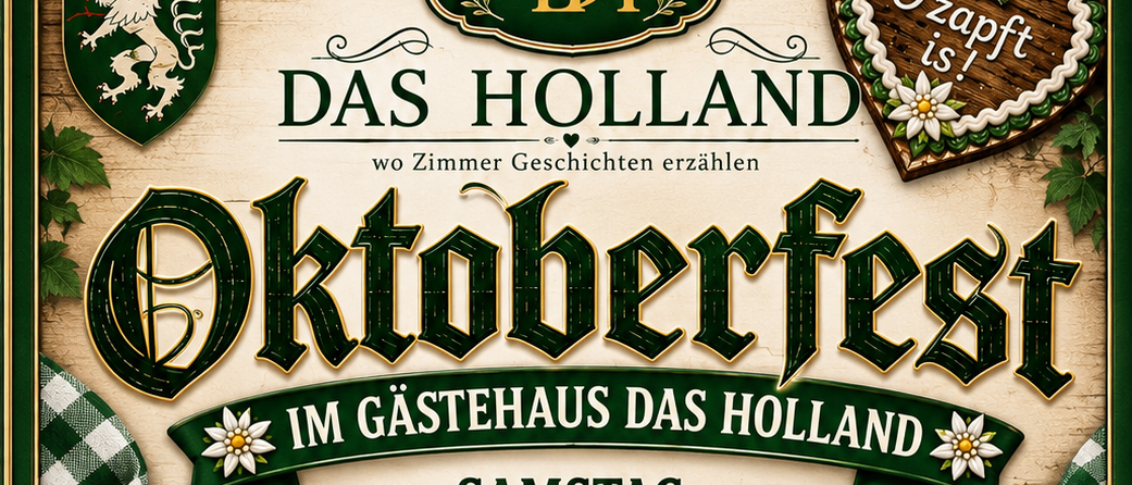 Oktoberfest-Plakat mit zwei Biergläsern, Würsten und Brezen. Das Event findet am 3. Oktober 2026 im Gastehaus Das Holland statt, Beginn um 18:00 Uhr. Live-Musik von Duo Time Out.