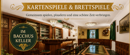 Plakat für einen Nachmittag mit Seniorenspielen, mit Karten- und Brettspielen, einer gemütlichen Bar-Atmosphäre und einer Tasse Kaffee. Die Veranstaltung ist für Freitag, den 18. September 2026, um 14:00 Uhr geplant.