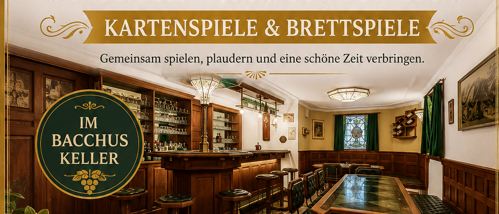 Plakat für einen Nachmittag mit Seniorenspielen, mit Karten- und Brettspielen, einer gemütlichen Bar-Atmosphäre und einer Tasse Kaffee. Die Veranstaltung ist für Freitag, den 18. September 2026, um 14:00 Uhr geplant.