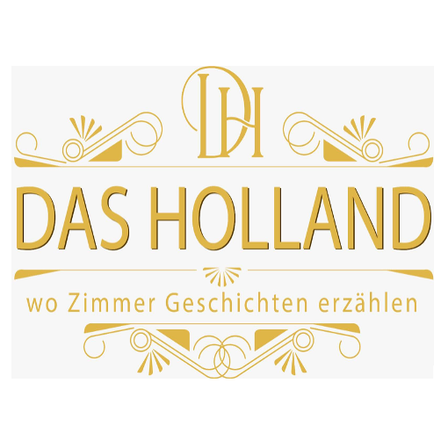 Das goldene Logo für 'DAS HOLLAND' mit kunstvollen Schwüngen und einem Slogan, der 'wo Zimmer Geschichten erzählen' besagt. Das Design ist elegant und anspruchsvoll.