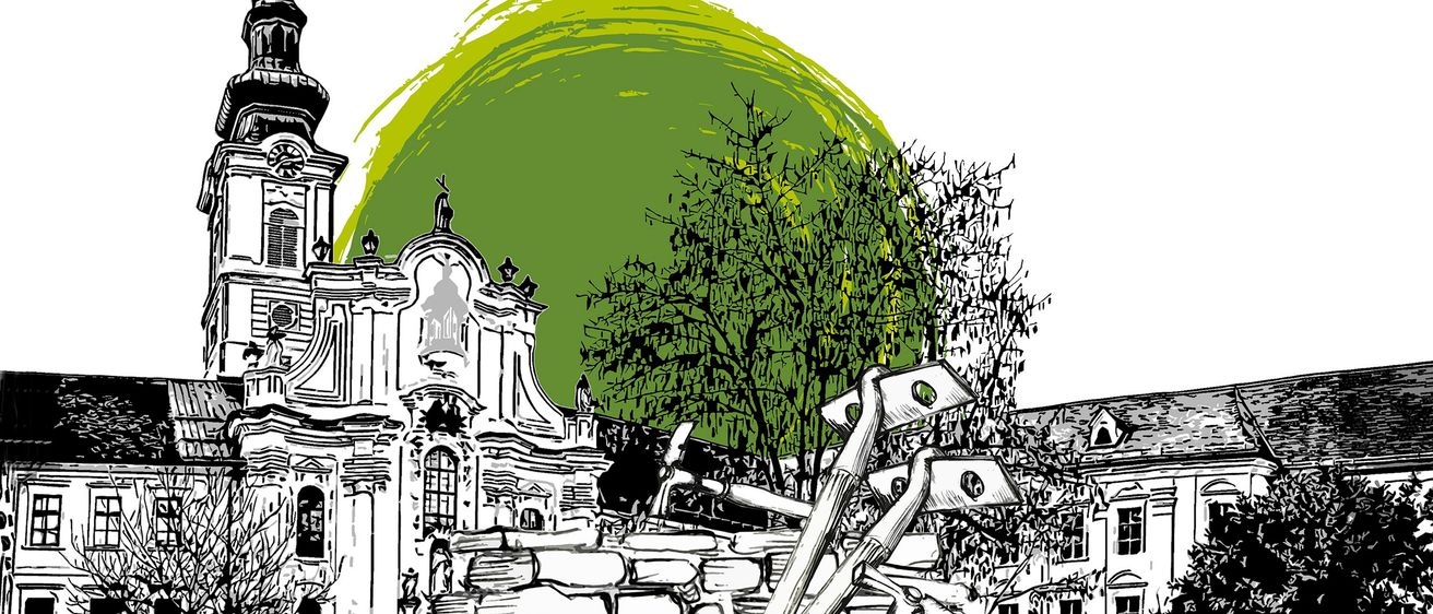 Eine Schwarz-Weiß-Zeichnung eines Karrens mit Werkzeugen vor einer Kirche mit einem grünen Kreis im Hintergrund.