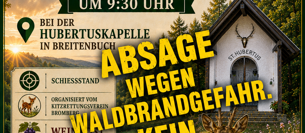 Plakat für eine Jagdveranstaltung der Jagdgesellschaft Bromberg am 20.09.2026 um 9:30 Uhr bei der Hubertuskapelle in Breitenbuch. Das Plakat zeigt einen Hirsch, eine Kirche und einen Sonnenuntergang.