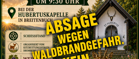 Plakat für eine Jagdveranstaltung der Jagdgesellschaft Bromberg am 20.09.2026 um 9:30 Uhr bei der Hubertuskapelle in Breitenbuch. Das Plakat zeigt einen Hirsch, eine Kirche und einen Sonnenuntergang.