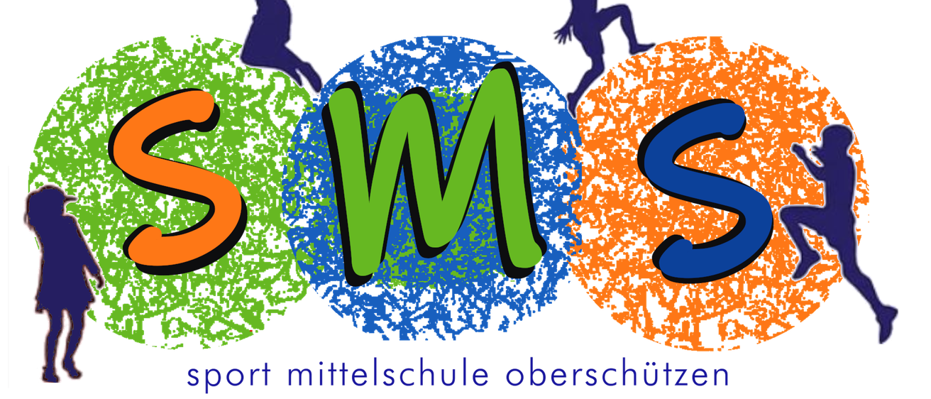 Drei farbige Kreise, jeweils mit einem Buchstaben S, M und S, und zwei Figuren, die darauf springen. Der Text lautet 'sport mittelschule schützen' auf Deutsch.